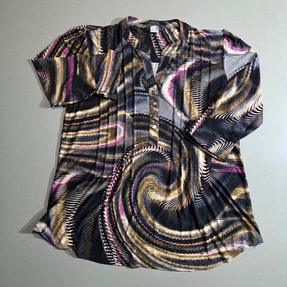 Cocomo Womens Small Abstract Swirl Print Pintuck Button Neck Blouse Black Gold